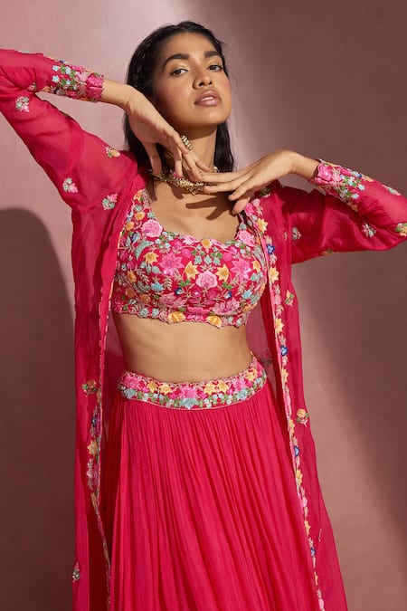 Aneesh Agarwaal_Fuchsia Soft Organza Mirror And Thread Scoop Neck Embroidered Cape Lehenga Set _Online_at_Aza_Fashions