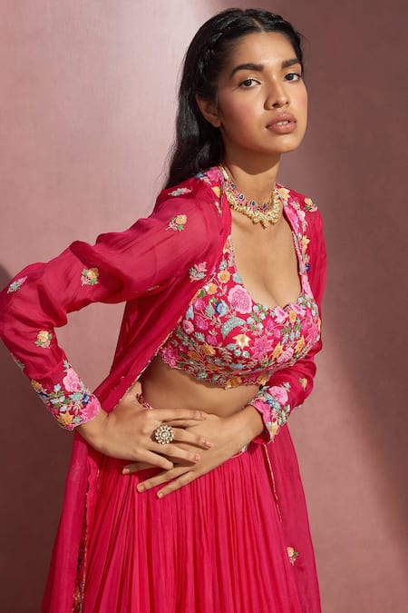 Buy_Aneesh Agarwaal_Fuchsia Soft Organza Mirror And Thread Scoop Neck Embroidered Cape Lehenga Set _Online_at_Aza_Fashions