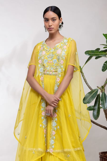Aneesh Agarwaal Yellow Organza, Chiffon V Neck Embroidered Cape And Anarkali Set Online at Aza Fashions Aneesh Agarwaal_Yellow Organza, Chiffon V Neck Embroidered Cape And Anarkali Set _Online_at_Aza_Fashions