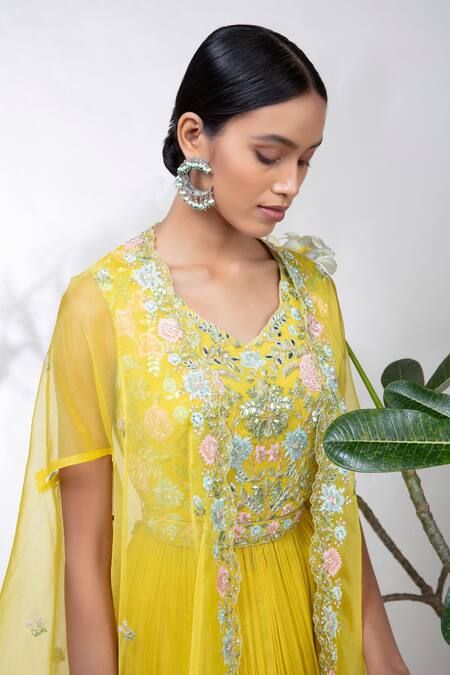 Buy Aneesh Agarwaal Yellow Organza, Chiffon V Neck Embroidered Cape And Anarkali Set Online at Aza Fashions Buy_Aneesh Agarwaal_Yellow Organza, Chiffon V Neck Embroidered Cape And Anarkali Set _Online_at_Aza_Fashions
