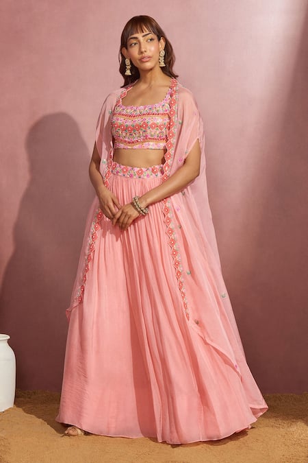 Aneesh Agarwaal Peach Soft Organza Mirror And Thread Scoop Neck Embroidered Cape Lehenga Set Online at Aza Fashions Aneesh Agarwaal_Peach Soft Organza Mirror And Thread Scoop Neck Embroidered Cape Lehenga Set _Online_at_Aza_Fashions