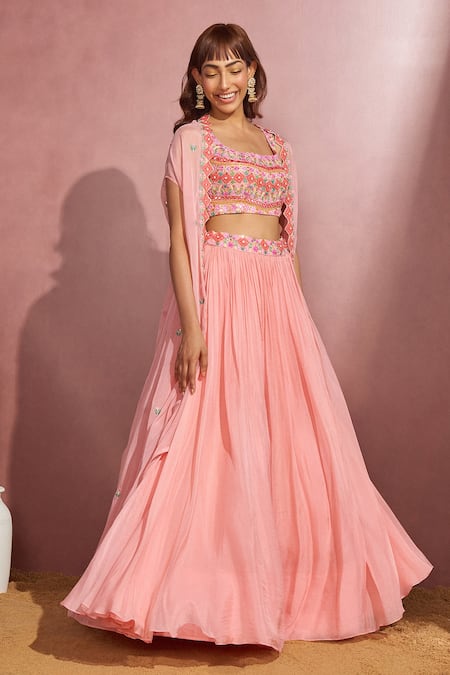 Buy Aneesh Agarwaal Peach Soft Organza Mirror And Thread Scoop Neck Embroidered Cape Lehenga Set Online at Aza Fashions Buy_Aneesh Agarwaal_Peach Soft Organza Mirror And Thread Scoop Neck Embroidered Cape Lehenga Set _Online_at_Aza_Fashions