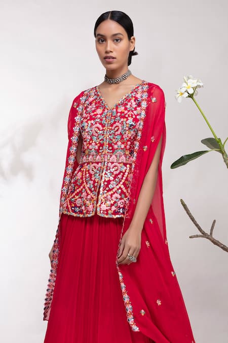 Aneesh Agarwaal_Red Organza, Chiffon V Neck Embroidered Lehenga Set _Online_at_Aza_Fashions