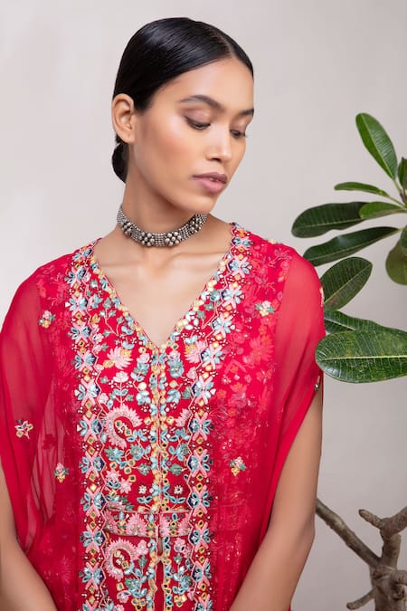 Buy_Aneesh Agarwaal_Red Organza, Chiffon V Neck Embroidered Lehenga Set _Online_at_Aza_Fashions