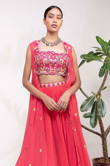 Aneesh Agarwaal_Orange Net, Georgette Straight Embroidered Cape Lehenga Set _Online_at_Aza_Fashions