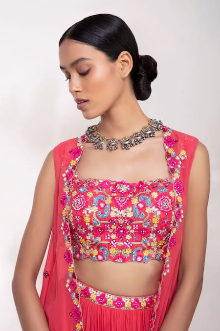 Buy_Aneesh Agarwaal_Orange Net, Georgette Straight Embroidered Cape Lehenga Set _Online_at_Aza_Fashions