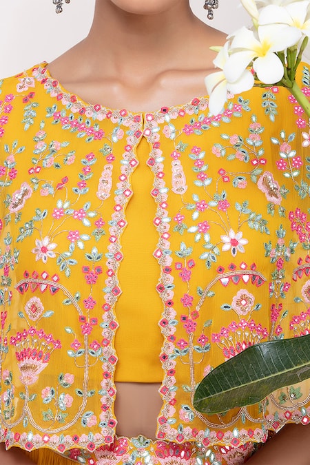 Buy Aneesh Agarwaal Yellow Chiffon Round Embroidered Cape Lehenga Set Online at Aza Fashions Buy_Aneesh Agarwaal_Yellow Chiffon Round Embroidered Cape Lehenga Set _Online_at_Aza_Fashions
