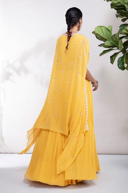 Shop Aneesh Agarwaal Yellow Georgette V Neck Embroidered Kurta Lehenga Set at Aza Fashions Shop_Aneesh Agarwaal_Yellow Georgette V Neck Embroidered Kurta Lehenga Set _at_Aza_Fashions