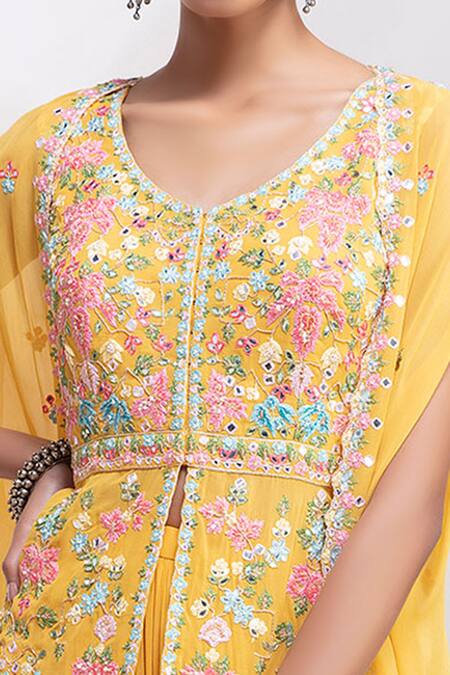 Buy Aneesh Agarwaal Yellow Georgette V Neck Embroidered Kurta Lehenga Set Online at Aza Fashions Buy_Aneesh Agarwaal_Yellow Georgette V Neck Embroidered Kurta Lehenga Set _Online_at_Aza_Fashions