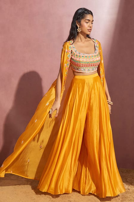 Aneesh Agarwaal Yellow Silk Organza Embroidery Mirror And Thread Scoop Neck Cape & Sharara Set 