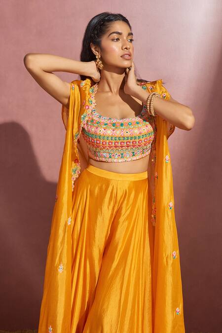 Aneesh Agarwaal_Yellow Silk Organza Mirror And Thread Scoop Neck Embroidered Cape & Sharara Set _Online_at_Aza_Fashions