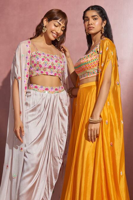Buy_Aneesh Agarwaal_Yellow Silk Organza Mirror And Thread Scoop Neck Embroidered Cape & Sharara Set _Online_at_Aza_Fashions