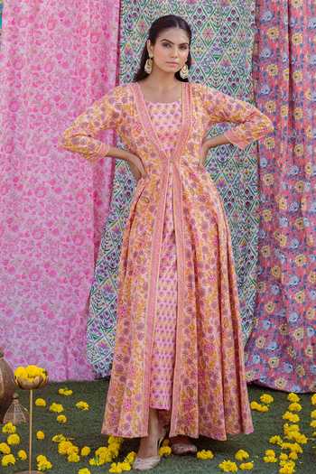 Rivaaj Clothing Pink Cotton Floral Print Kurta And Jacket Set Online at Aza Fashions Rivaaj Clothing_Pink Cotton Floral Print Kurta And Jacket Set_Online_at_Aza_Fashions