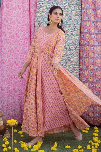 Buy Rivaaj Clothing Pink Cotton Floral Print Kurta And Jacket Set Online at Aza Fashions Buy_Rivaaj Clothing_Pink Cotton Floral Print Kurta And Jacket Set_Online_at_Aza_Fashions