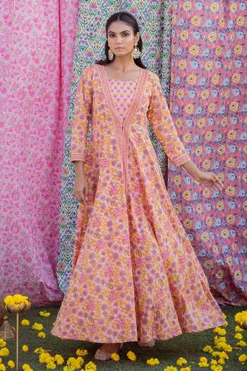 Shop Rivaaj Clothing Pink Cotton Floral Print Kurta And Jacket Set Online at Aza Fashions Shop_Rivaaj Clothing_Pink Cotton Floral Print Kurta And Jacket Set_Online_at_Aza_Fashions