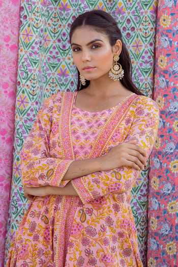 Rivaaj Clothing Pink Cotton Floral Print Kurta And Jacket Set at Aza Fashions Rivaaj Clothing_Pink Cotton Floral Print Kurta And Jacket Set_at_Aza_Fashions