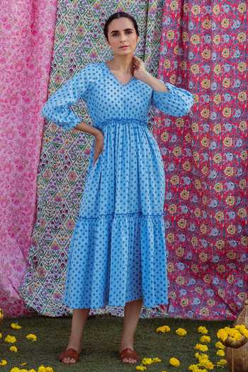 Buy Rivaaj Clothing Blue Cotton Hand Block Print Dress at Aza Fashions Buy_Rivaaj Clothing_Blue Cotton Hand Block Print Dress _at_Aza_Fashions
