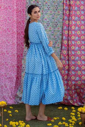 Shop Rivaaj Clothing Blue Cotton Hand Block Print Dress at Aza Fashions Shop_Rivaaj Clothing_Blue Cotton Hand Block Print Dress _at_Aza_Fashions