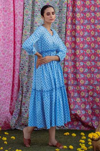Rivaaj Clothing Blue Cotton Hand Block Print Dress Online at Aza Fashions Rivaaj Clothing_Blue Cotton Hand Block Print Dress _Online_at_Aza_Fashions