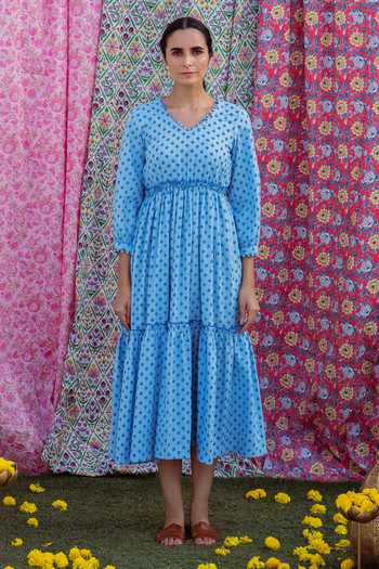 Buy Rivaaj Clothing Blue Cotton Hand Block Print Dress Online at Aza Fashions Buy_Rivaaj Clothing_Blue Cotton Hand Block Print Dress _Online_at_Aza_Fashions