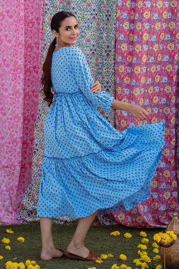 Shop Rivaaj Clothing Blue Cotton Hand Block Print Dress Online at Aza Fashions Shop_Rivaaj Clothing_Blue Cotton Hand Block Print Dress _Online_at_Aza_Fashions