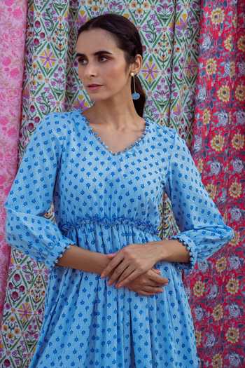 Rivaaj Clothing Blue Cotton Hand Block Print Dress at Aza Fashions Rivaaj Clothing_Blue Cotton Hand Block Print Dress _at_Aza_Fashions