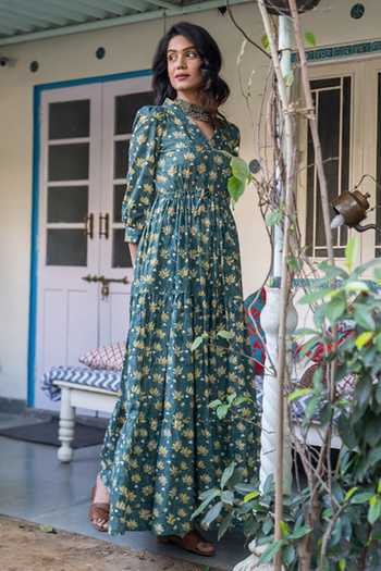 Rivaaj Clothing_Green Cotton Floral Print Maxi Dress_Online_at_Aza_Fashions