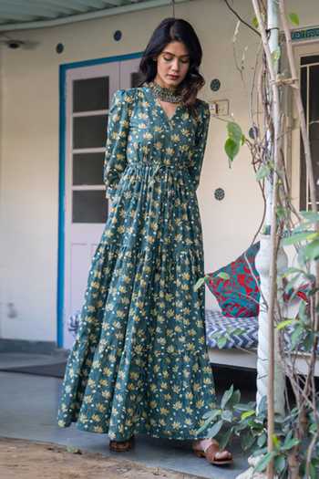 Buy_Rivaaj Clothing_Green Cotton Floral Print Maxi Dress_Online_at_Aza_Fashions