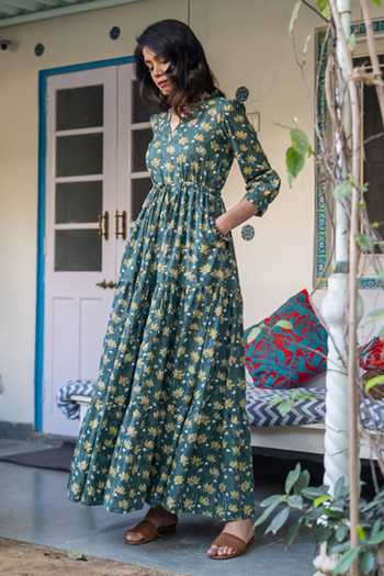 Shop_Rivaaj Clothing_Green Cotton Floral Print Maxi Dress_Online_at_Aza_Fashions