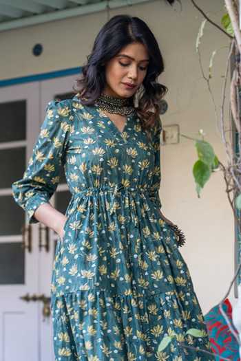 Rivaaj Clothing_Green Cotton Floral Print Maxi Dress_at_Aza_Fashions