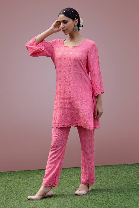 Buy_Rivaaj Clothing_Pink Thread Work Kurta And Pant Set _Online_at_Aza_Fashions