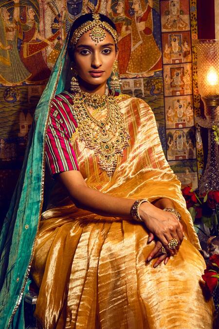 Studio Malang_Gold Tissue Zari Hand Embroidered Saree_Online_at_Aza_Fashions