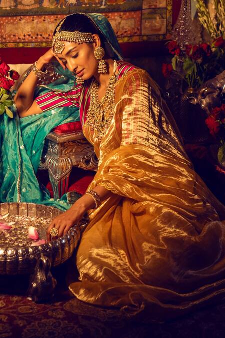 Buy_Studio Malang_Gold Tissue Zari Hand Embroidered Saree_Online_at_Aza_Fashions