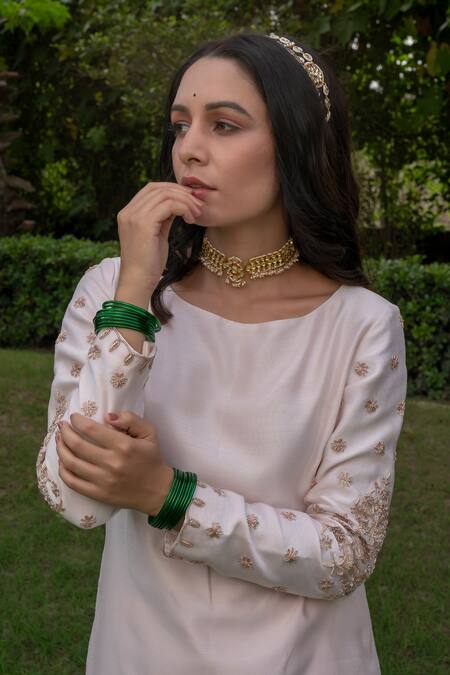 Shop Rashi Jain Beige Chanderi Boat Inayat Kurta Set at Aza Fashions Shop_Rashi Jain_Beige Chanderi Boat Inayat Kurta Set _at_Aza_Fashions