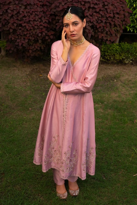 Rashi Jain Pink Chanderi V Neck Nakashi Anarkali Set