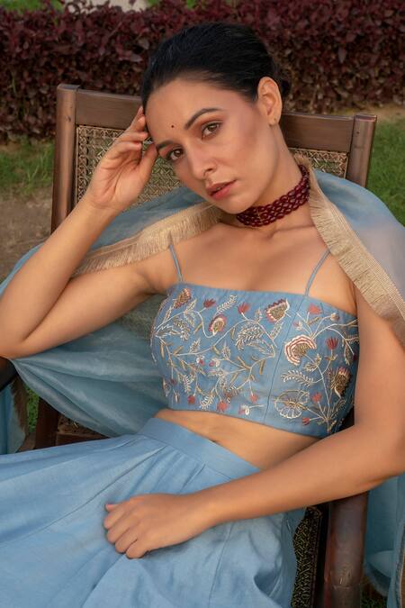 Rashi Jain Blue Chanderi Square Neck Asman Bridal Lehenga Set at Aza Fashions Rashi Jain_Blue Chanderi Square Neck Asman Bridal Lehenga Set _at_Aza_Fashions