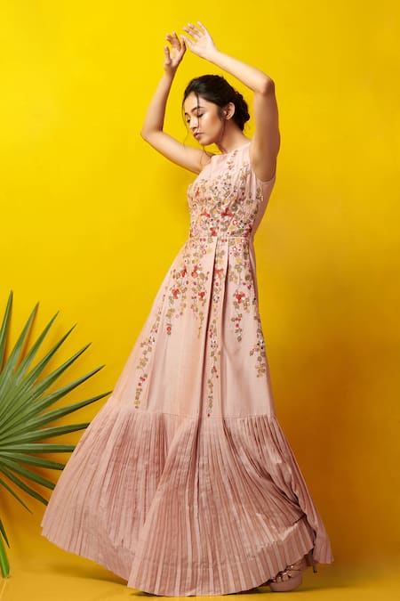 Rishi and Soujit Pink Silk Cotton Embroidered Gown 