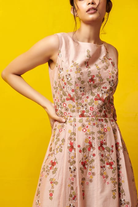 Rishi And Soujit_Pink Silk Cotton Embroidered Gown _Online_at_Aza_Fashions