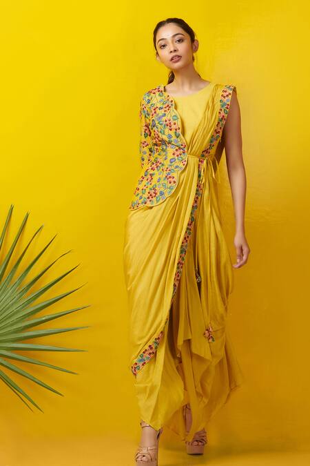 Shop_Rishi And Soujit_Yellow Silk Cotton Cowl Draped Dress With Embroidered Jacket_at_Aza_Fashions