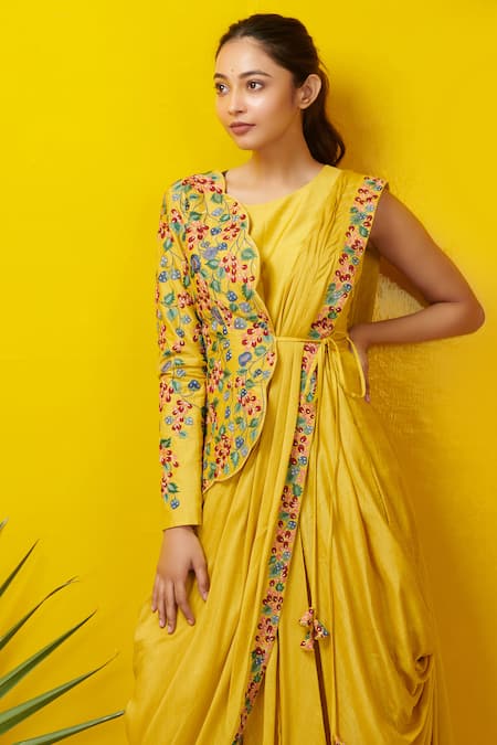 Rishi And Soujit_Yellow Silk Cotton Cowl Draped Dress With Embroidered Jacket_Online_at_Aza_Fashions