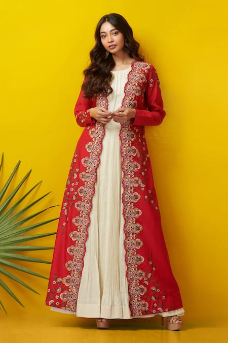 Brick Red Cotton Embroidered Anarkali Gown with Jacket LSTV119221
