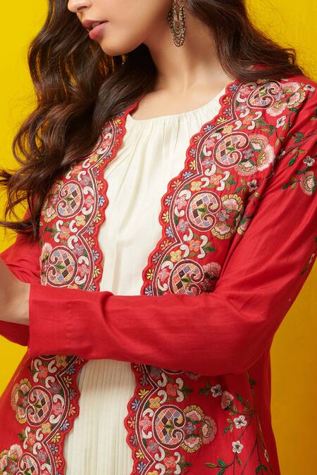 Rishi And Soujit_White Silk Cotton Pleated Dress With Embroidered Jacket_Online_at_Aza_Fashions