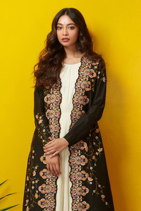 Rishi And Soujit Black Silk Cotton Pleated Dress With Embroidered Jacket Online at Aza Fashions Rishi And Soujit_Black Silk Cotton Pleated Dress With Embroidered Jacket_Online_at_Aza_Fashions