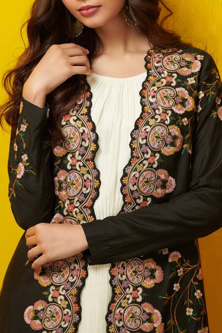 Buy Rishi And Soujit Black Silk Cotton Pleated Dress With Embroidered Jacket Online at Aza Fashions Buy_Rishi And Soujit_Black Silk Cotton Pleated Dress With Embroidered Jacket_Online_at_Aza_Fashions
