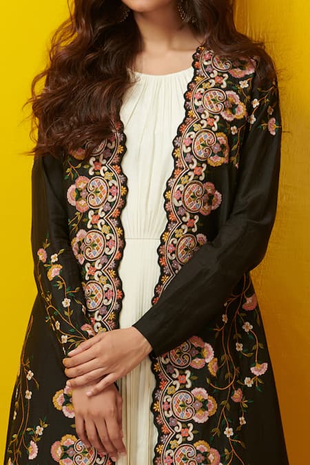 Shop Rishi And Soujit Black Silk Cotton Pleated Dress With Embroidered Jacket Online at Aza Fashions Shop_Rishi And Soujit_Black Silk Cotton Pleated Dress With Embroidered Jacket_Online_at_Aza_Fashions