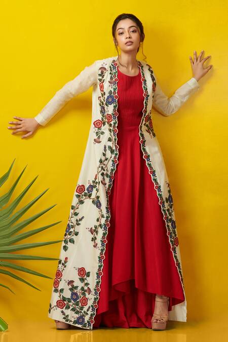 Rishi And Soujit White Cotton Silk Round Embroidered Jacket With Asymmetric Tunic 