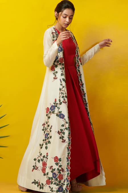 Shop Rishi And Soujit White Cotton Silk Round Embroidered Jacket With Asymmetric Tunic at Aza Fashions Shop_Rishi And Soujit_White Cotton Silk Round Embroidered Jacket With Asymmetric Tunic _at_Aza_Fashions