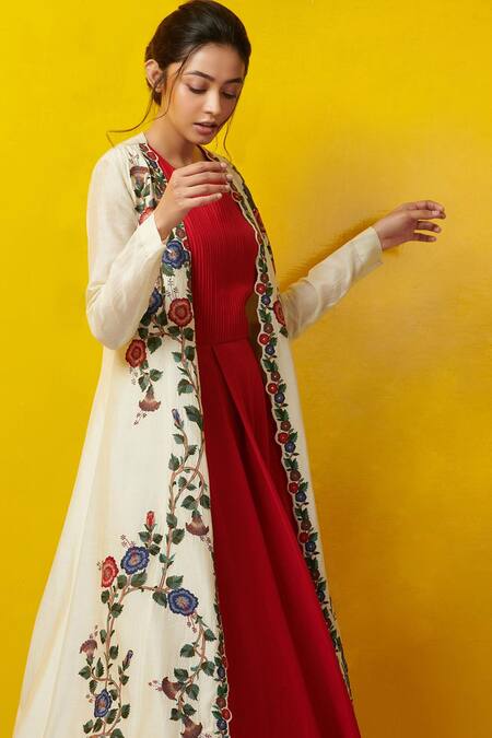 Rishi And Soujit White Cotton Silk Round Embroidered Jacket With Asymmetric Tunic Online at Aza Fashions Rishi And Soujit_White Cotton Silk Round Embroidered Jacket With Asymmetric Tunic _Online_at_Aza_Fashions