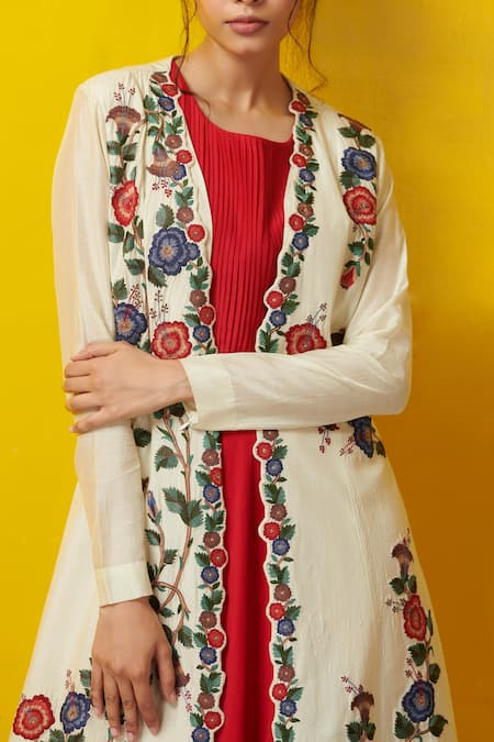 Buy Rishi And Soujit White Cotton Silk Round Embroidered Jacket With Asymmetric Tunic Online at Aza Fashions Buy_Rishi And Soujit_White Cotton Silk Round Embroidered Jacket With Asymmetric Tunic _Online_at_Aza_Fashions