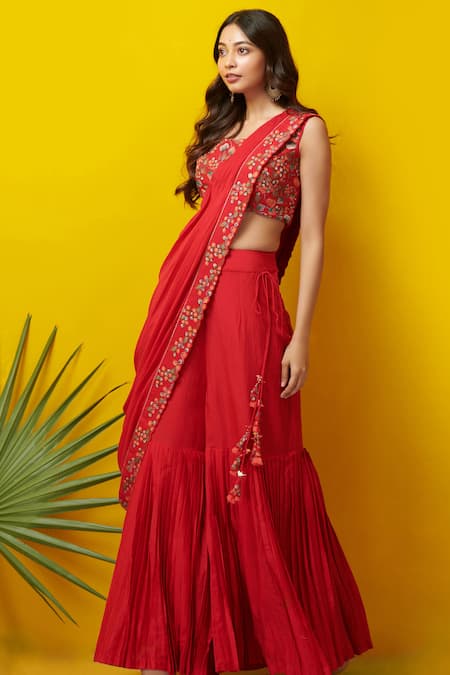 Shop_Rishi And Soujit_Red Silk Cotton Pleated Sharara Pant Saree Set _at_Aza_Fashions